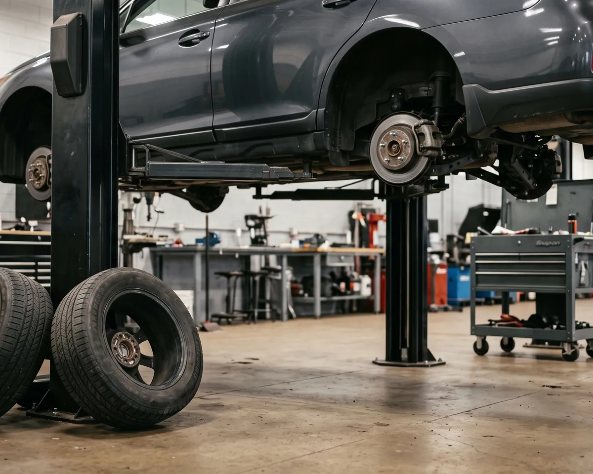 A bay in El Paso with a vehicle on the lift and all four wheels off